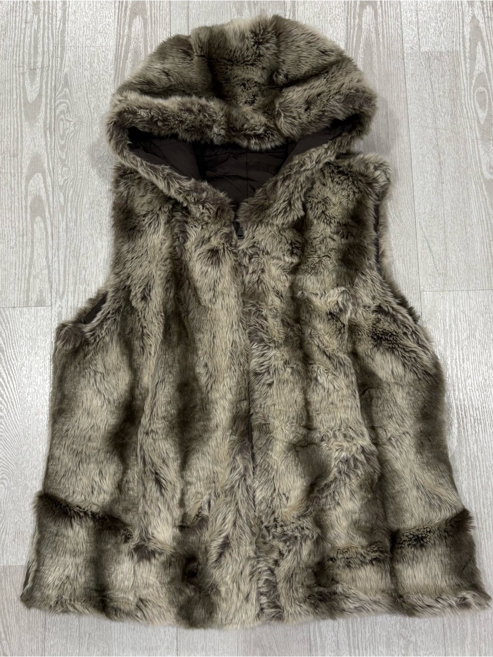 Womens Reversible Faux Fur Quilted Hooded Vest Brown Full Zip Medium